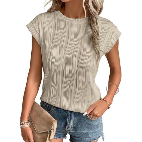 Women's Short Sleeve Textured Crewneck Tops - Knit Solid Casual Basic T-Shirts - Picture 7 of 7